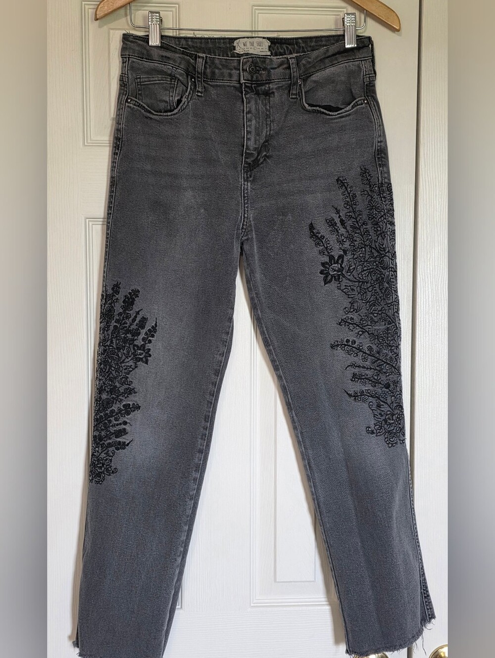 We The Free Mid Rise Gray Denim Jeans with Black Floral Embroidery